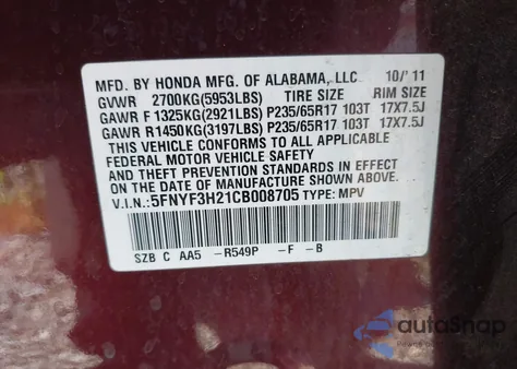 2012 Honda Pilot Lx from USA, damaged, VIN 5FNYF3H21CB008705